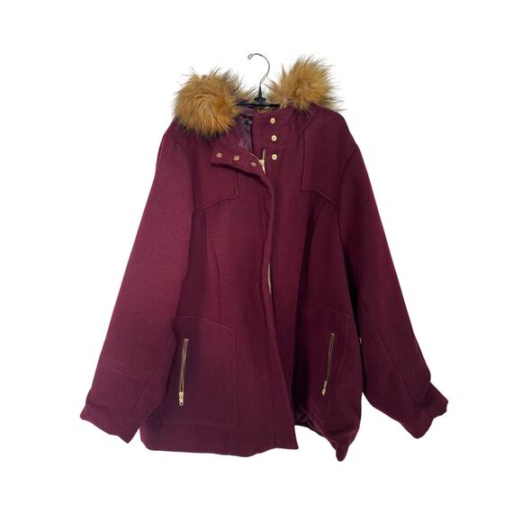 Torrid Jackets & Blazers - Torrid Burgundy Red Riding Coat Winter Size Maroon Zip Up Fur Hood Size 5X